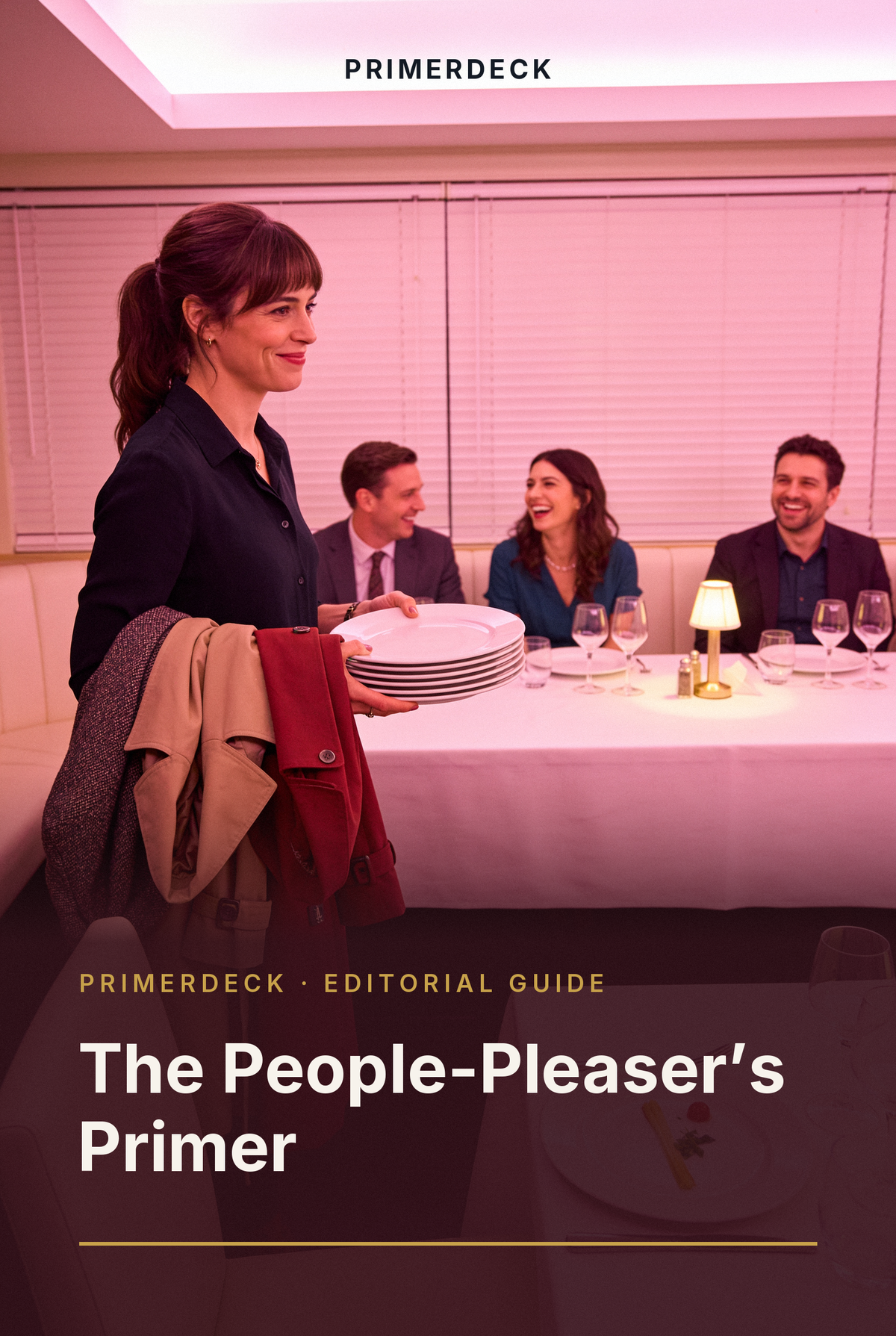 PrimerDeck cover: The People-Pleaser's Primer: woman carrying plates and coats smiles while friends laugh together, warm pink restaurant light