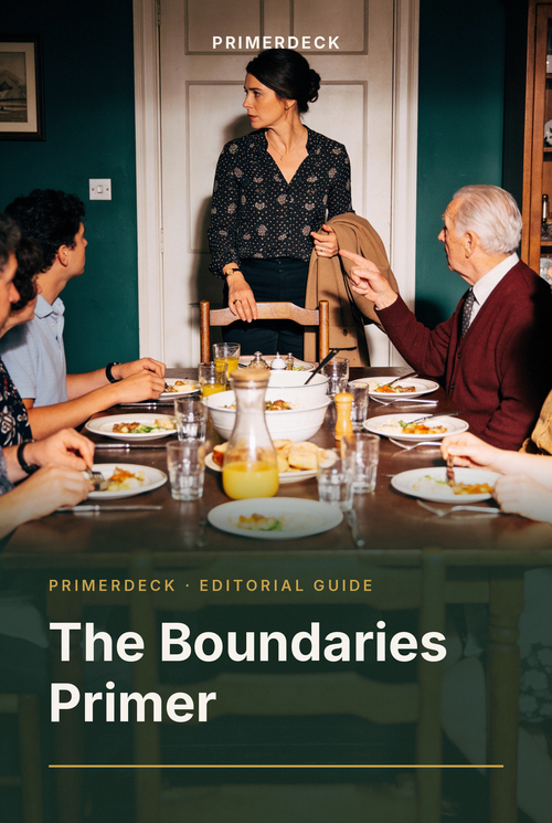 PrimerDeck cover: The Boundaries Primer: woman stands with her coat on as an older relative points at her