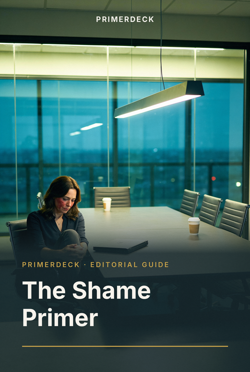 PrimerDeck cover: The Shame Primer: woman sits alone at a table in an empty office, city lights at dusk