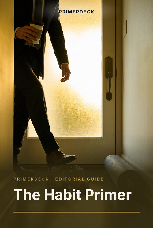 PrimerDeck cover: The Habit Primer: new sneakers and a yoga mat sit untouched as a man steps past them