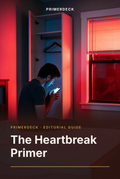 PrimerDeck cover: The Heartbreak Primer: man sits on a stripped bed at night holding his phone, red neon light