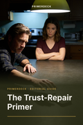 PrimerDeck cover: The Trust-Repair Primer: man reaches across a kitchen counter toward a woman standing with arms crossed