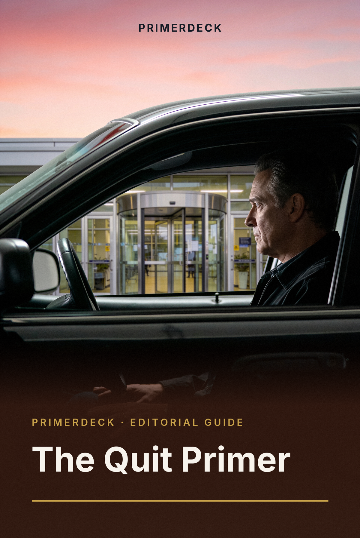 PrimerDeck cover: The Quit Primer: man sits in his car staring at a building entrance, pink sunrise sky above