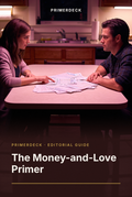 PrimerDeck cover: The Money-and-Love Primer: couple sits across a kitchen table covered in bills, woman pointing at one