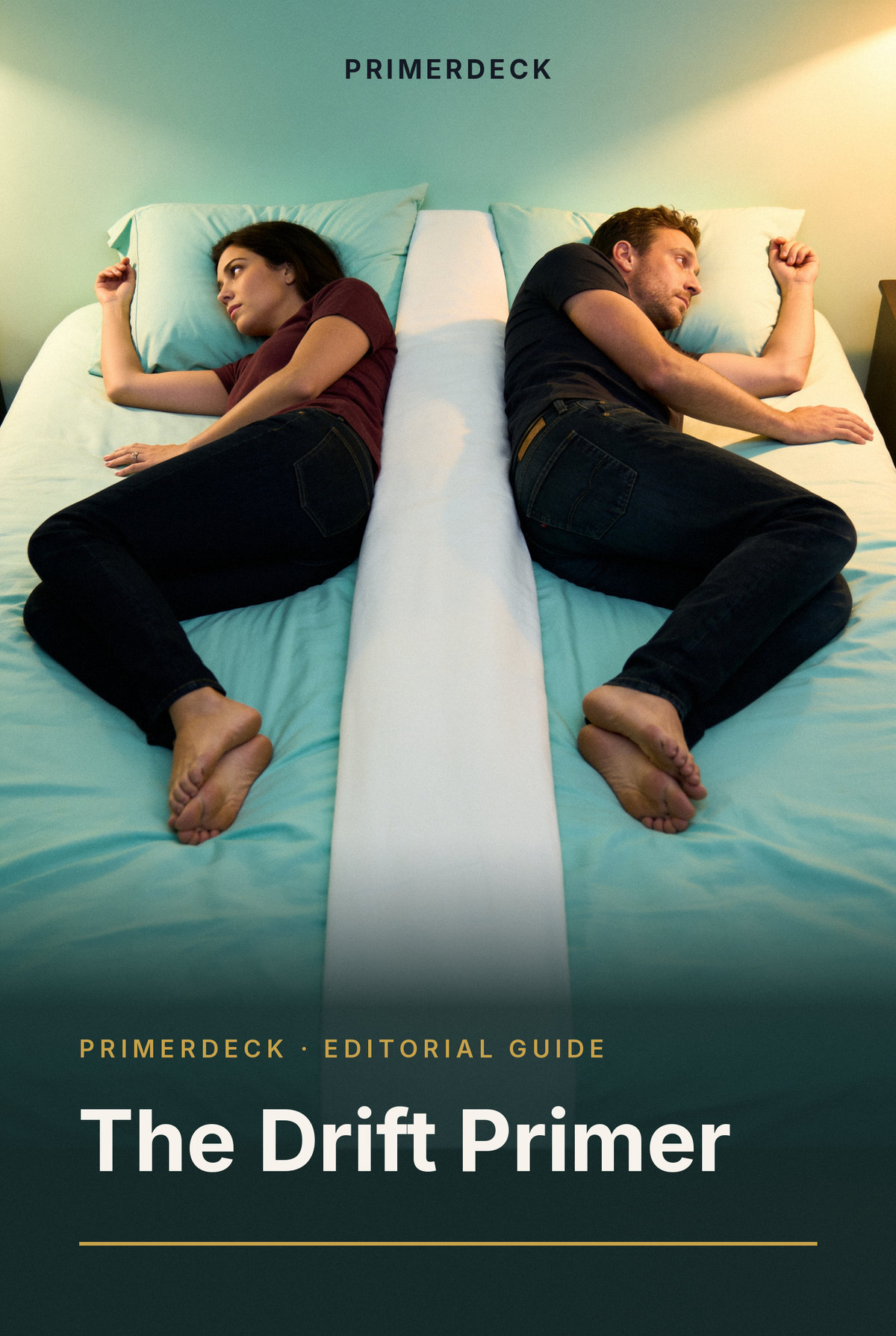 PrimerDeck cover: The Drift Primer: couple lies back to back in bed, separated by a long white bolster pillow