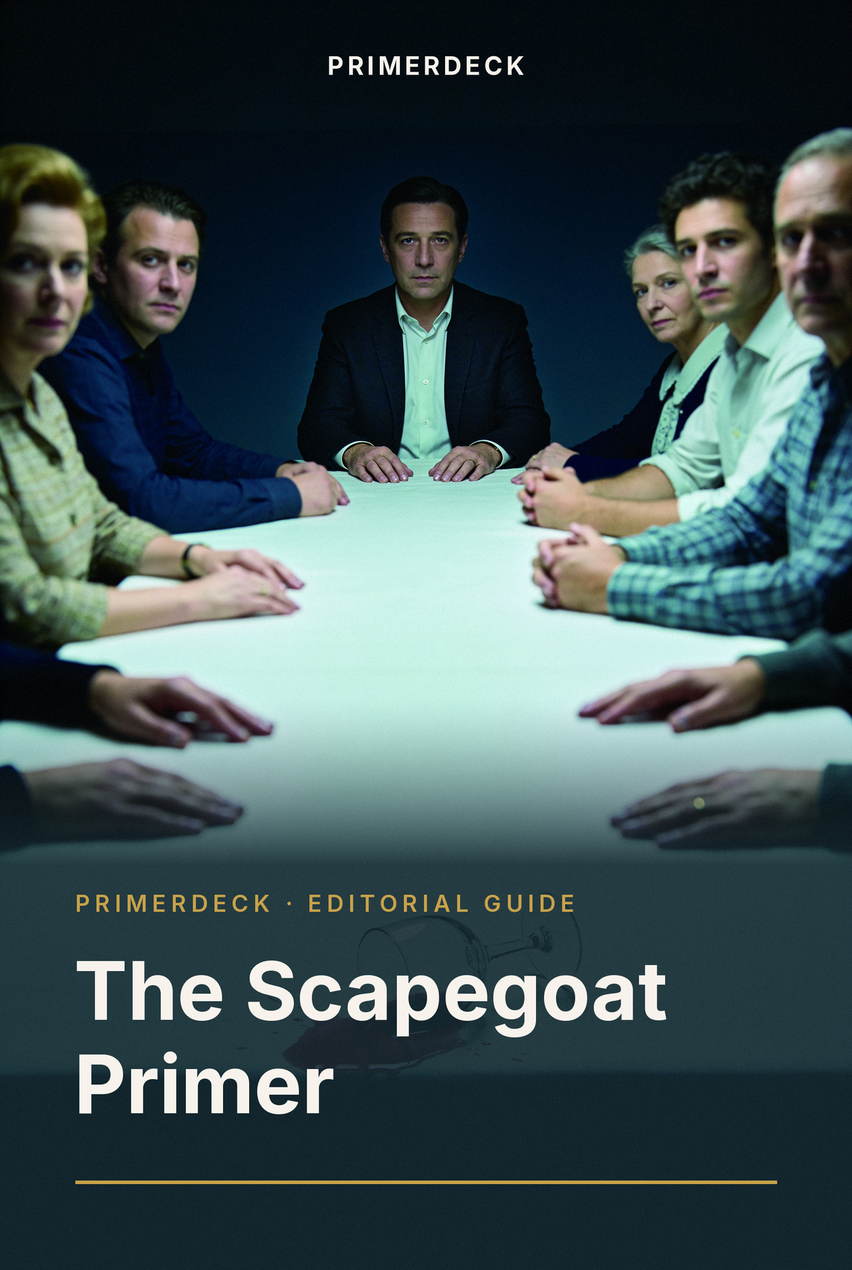 PrimerDeck cover: The Scapegoat Primer: family turns to look at a man seated at the head of the table