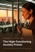 PrimerDeck cover: The High-Functioning Anxiety Primer: woman closes her eyes and takes a breath outside a glass meeting room door