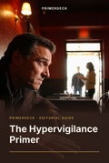 PrimerDeck cover: The Hypervigilance Primer: man sits tense in a dim restaurant, watching a couple near a bright doorway