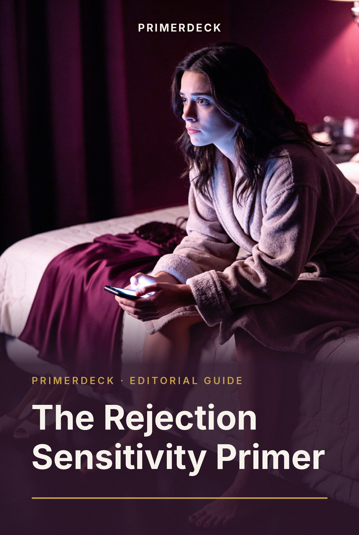 PrimerDeck cover: The Rejection Sensitivity Primer: woman in a bathrobe sits frozen on her bed, staring at her phone screen