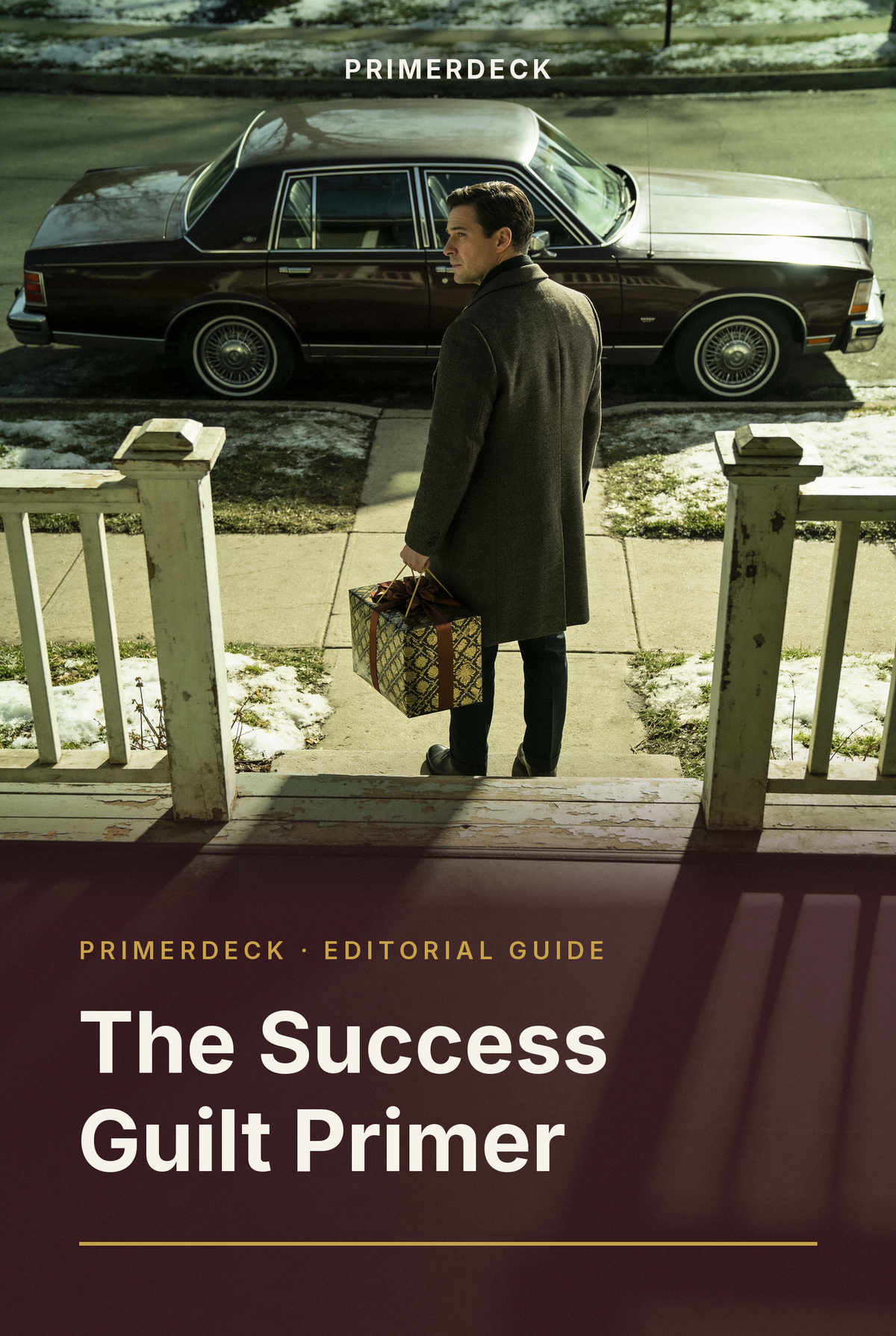 PrimerDeck cover: The Success Guilt Primer: man holds a gift bag, hesitating on the porch of a modest house