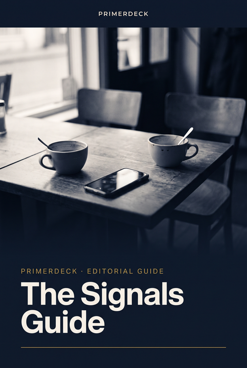PrimerDeck cover: The Signals Guide: two coffee cups and a face-down phone in navy duotone