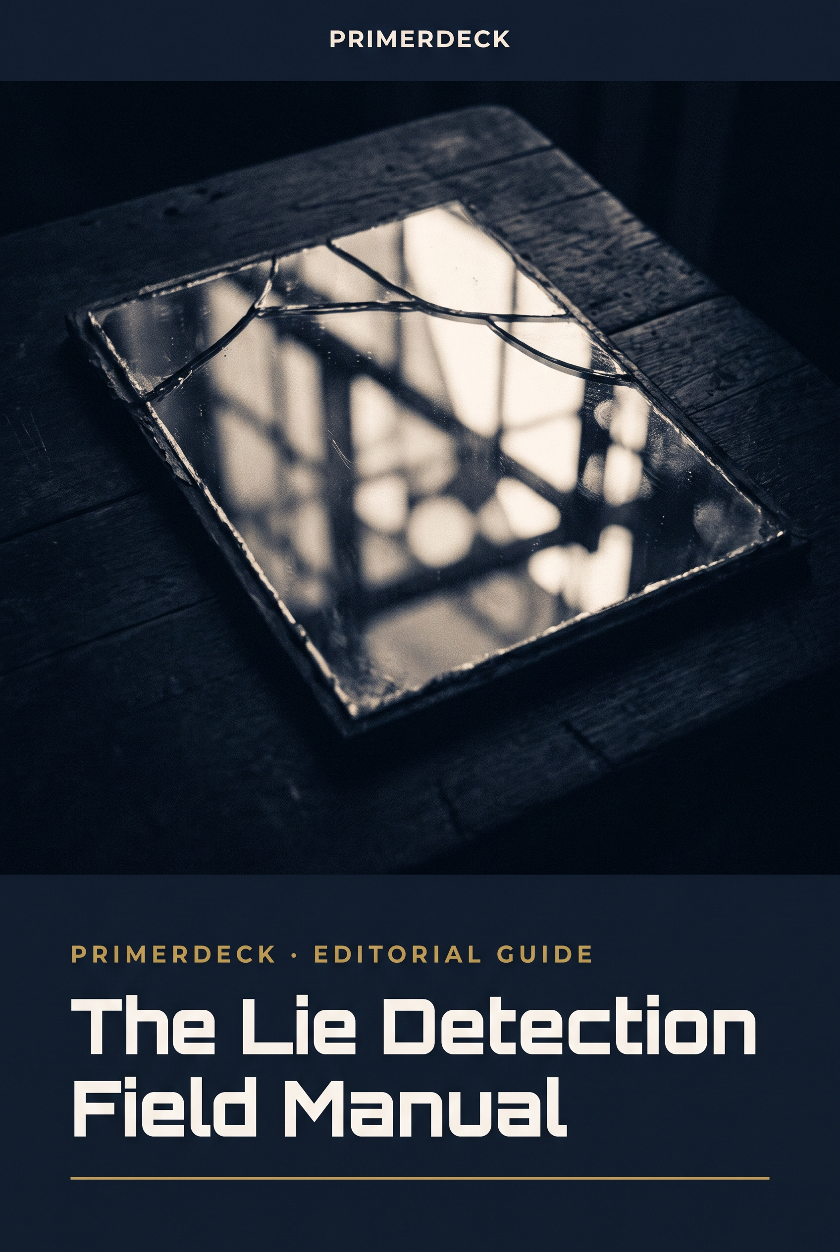 PrimerDeck cover — The Lie Detection Field Manual: fragmented vintage mirror in navy duotone