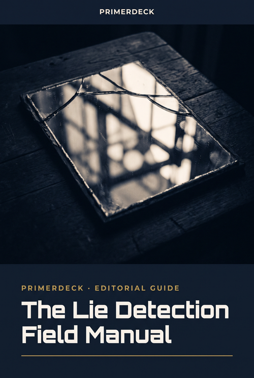 PrimerDeck cover: The Lie Detection Field Manual: fragmented vintage mirror in navy duotone