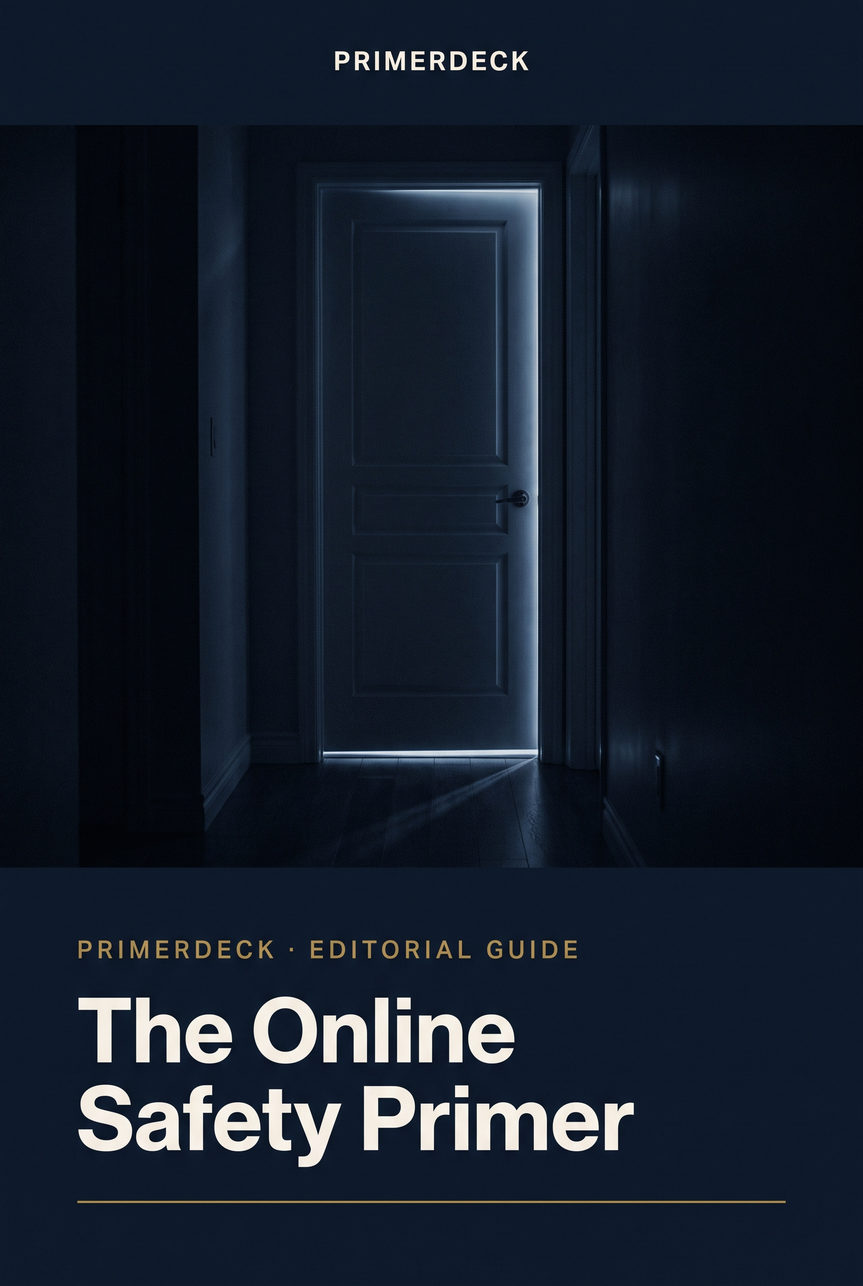 PrimerDeck cover — The Online Safety Primer: screen glow under a closed bedroom door in navy duotone