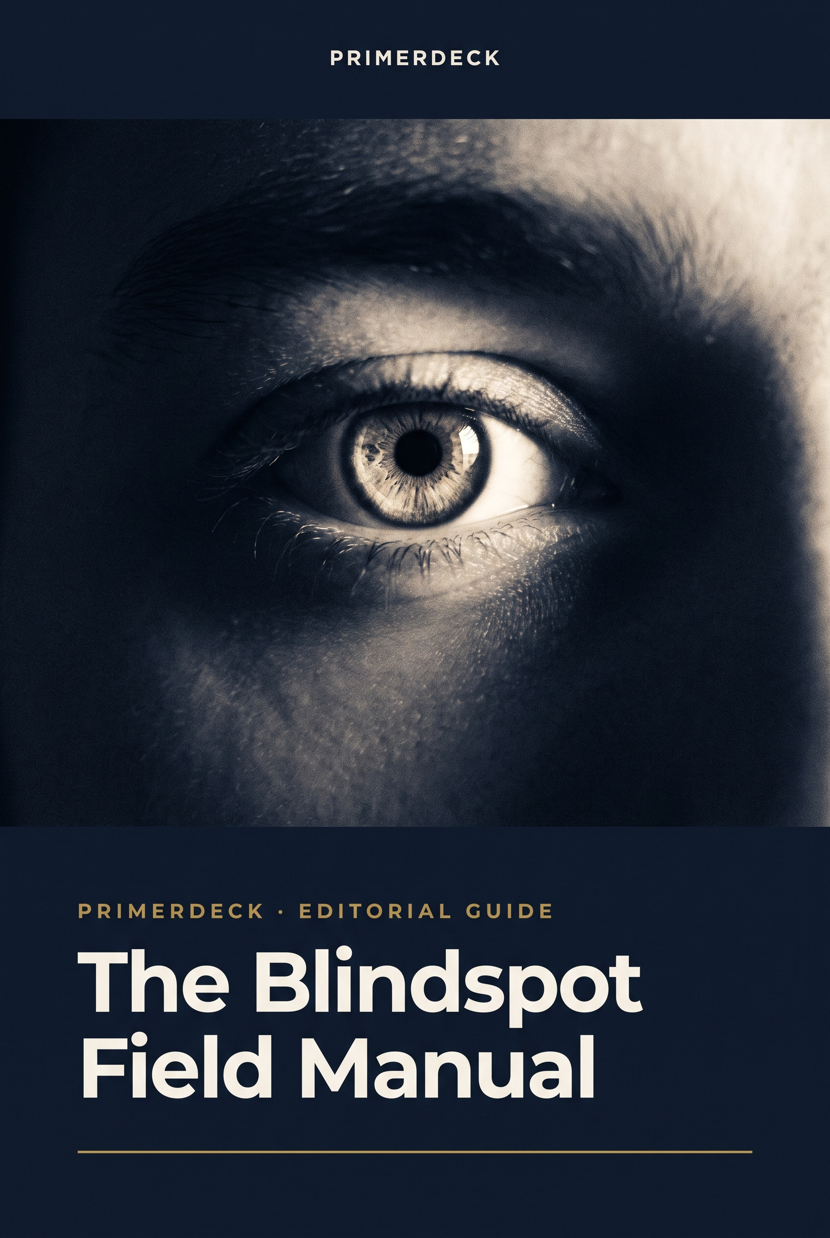 PrimerDeck cover — The Blindspot Field Manual: close-up eye in deep shadow in navy duotone